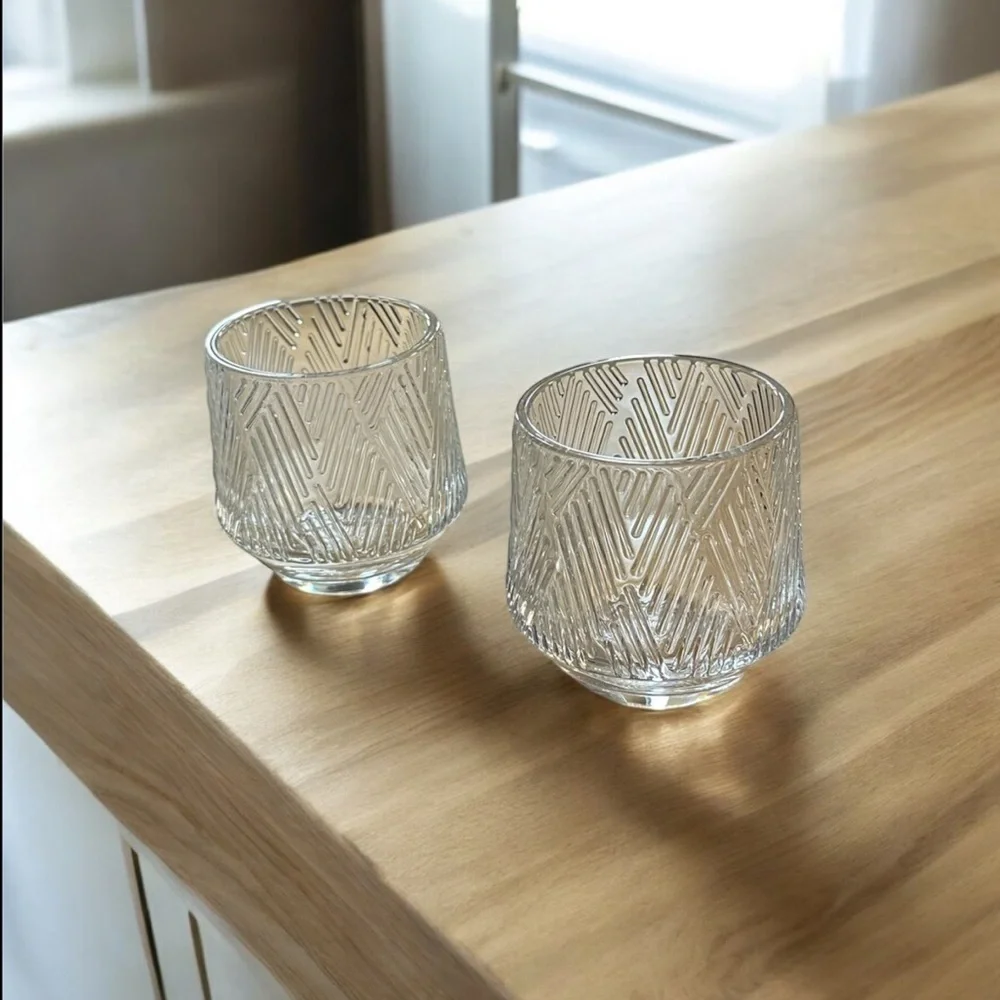 2 Short Glasses With Geometric Design- Crystal Clear Glass- Tapered Width